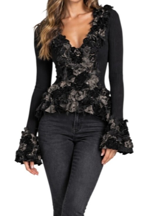 Cache Tops - Cache Vintage Y2k Black Ribbed Knit Silk Black V-neck Embellished Top